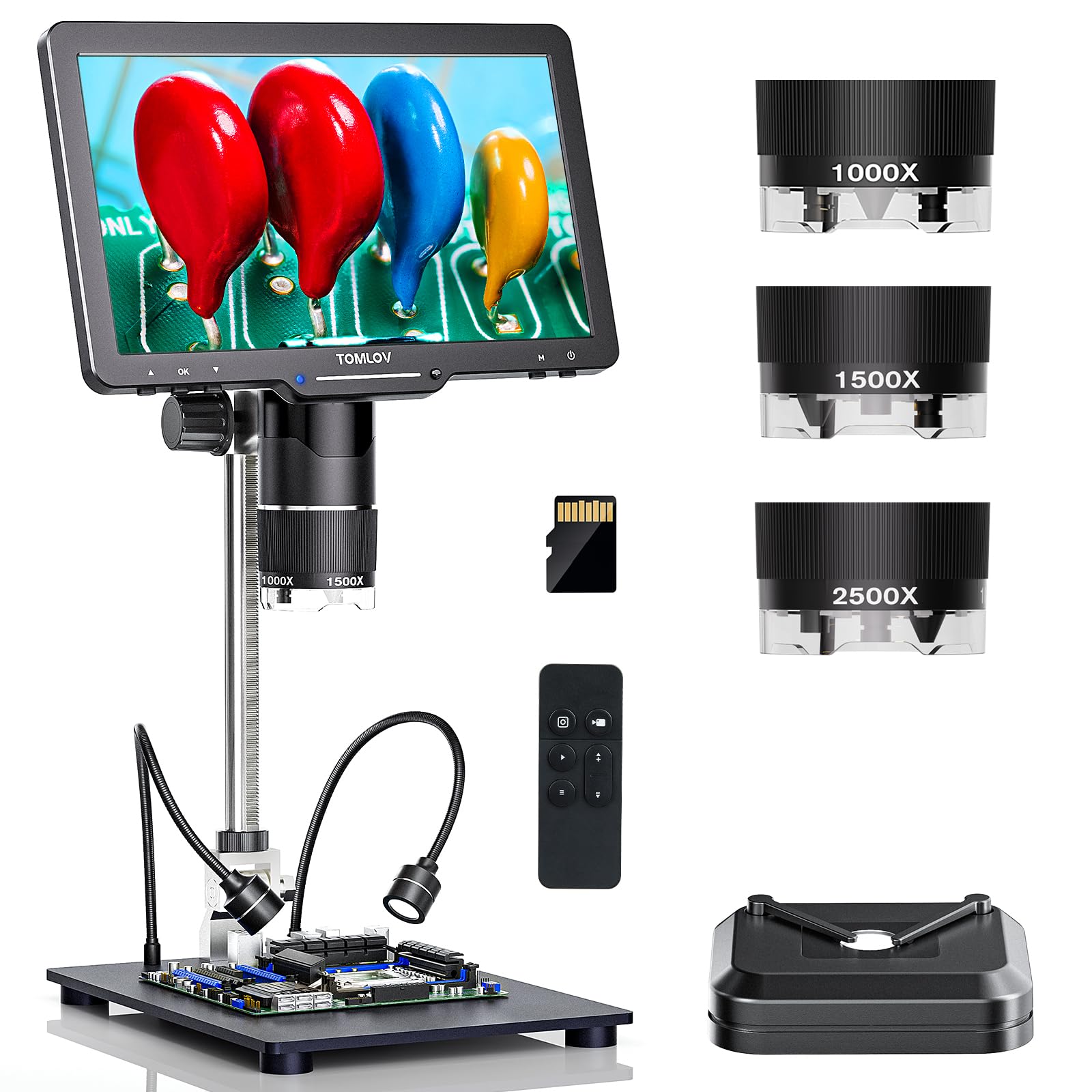 TOMLOV TriL110 3-Lens Digital Microscope: 10.1" 2500X 2K HD Coin Microscope Magnifier for Whole Coin View with IPS Screen, LCD Soldering Microscopes for Adults, 14 LED Lights, PC/TV Compatible