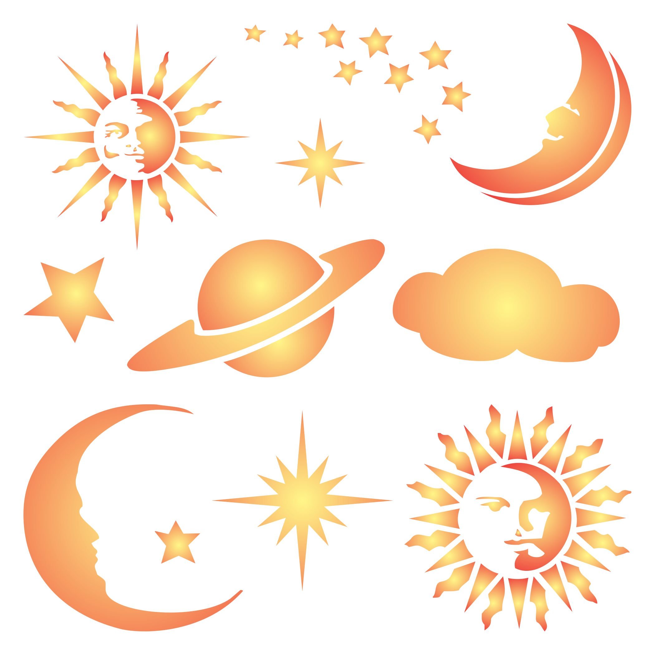 Celestial Stencil - 21.5 x 21.5cm (L) - Reusable Suns Stars Moons Planet Saturn Cloud Wall Stencil Template