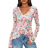 ZESICA Women's Long Sleeve Floral Shirts V Neck Going Out Ruffle Tops Blouses 2026 Fall Fashion Clothes Outfits