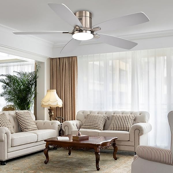AYAOTY 52 INCH LOW PROFILE CEILING FANS WITH LIGHTS AND REMOTE, FLUSH MOUNT MODERN CEILING FAN, 3CCT DIMMABLE DC CEILING FAN FOR BEDROOM, LIVING ROOM, BRUSHED NICKEL