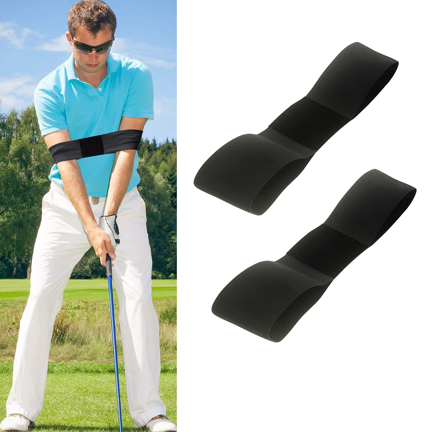 QeeHeng Golf Assist Training Swing Armband, Correct Swing Posture Practice Tool, Black 2 Piece Set