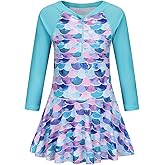 Qterdiz Girls One Piece Swimsuits Long Sleeve Swim Dress for Girls Hawaiian Skirted Bathing Suit Summer Swimwear 3-16 Years