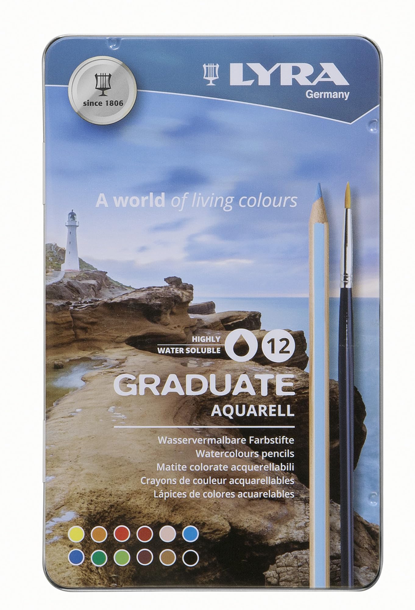 LYRA Graduate Water-soluble Aqua Colouring Pencils, 12 Pieces in Assorted Colours, Ideal for Students and Schools