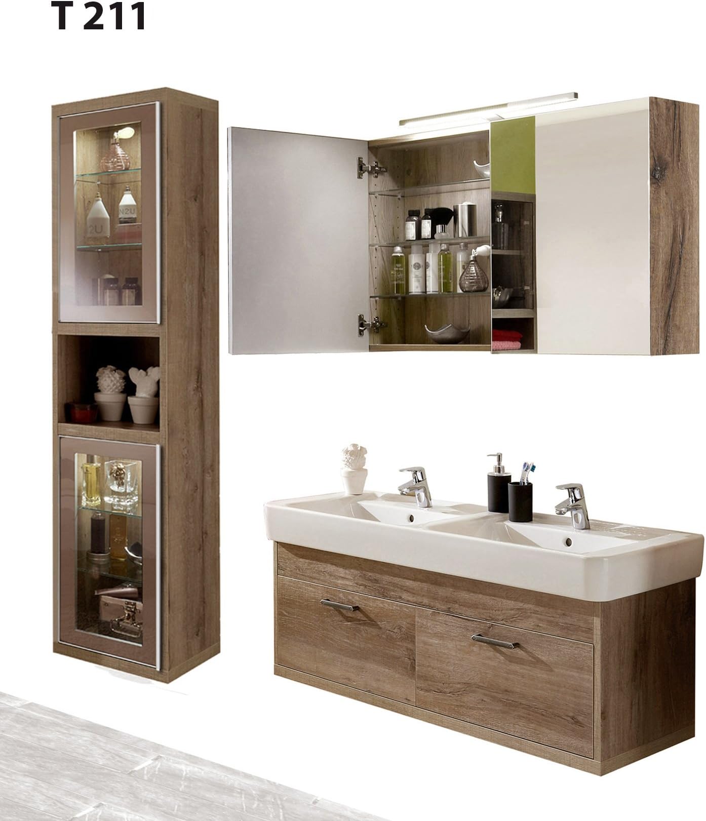 regalwelt Bathroom Series Timbery T211 Tall Cupboard with Washbasin Door Mirror Bathroom Wall Storage Cabinet Soe