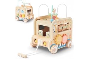 Pithfor Wooden Pull Along Activity Cube Toys, Montessori Toys for 1 2 3 Year Old Baby Toddlers, Baby Activity Cube for 1 Year Old, 1st First Birthday Gift