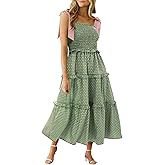 Wenrine Womens Summer Floral Maxi Dress Smocked Tie Shoulder Boho Sleeveless Ruffle Tiered Casual Beach Dresses