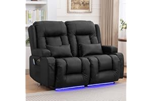 IPKIG 54" Power Loveseat Recliner Sofa, Electric Home Theater Seating with Massage Heat/4 Colors Ambient Lights/USB Port/Side Pocket/Cup Holder for Living Room, Bedroom, Home (Black, 2 Seater)