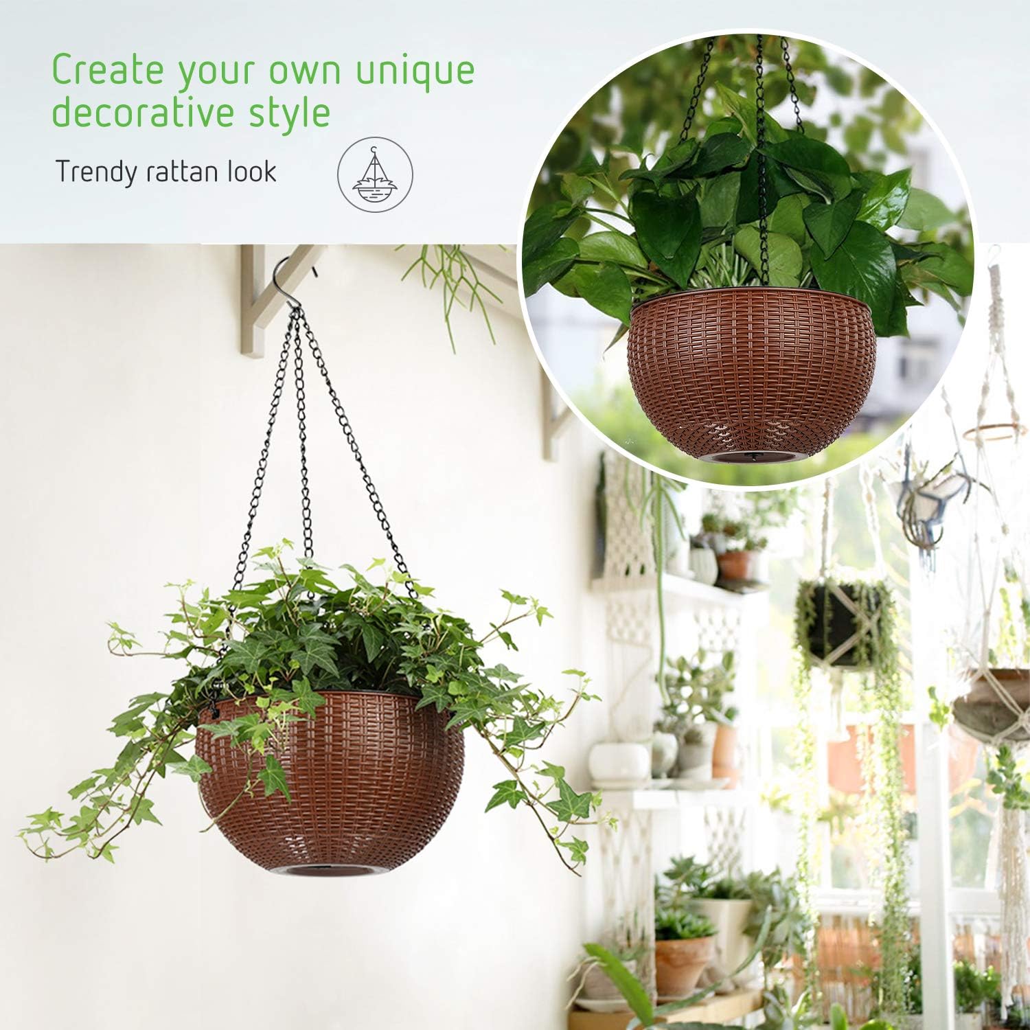 VIVOSUN 2 Pieces (8.3" & 10.2") Hanging Planter Self Watering Hanging Basket Flower Plant Pot Brown: Kitchen & Dining