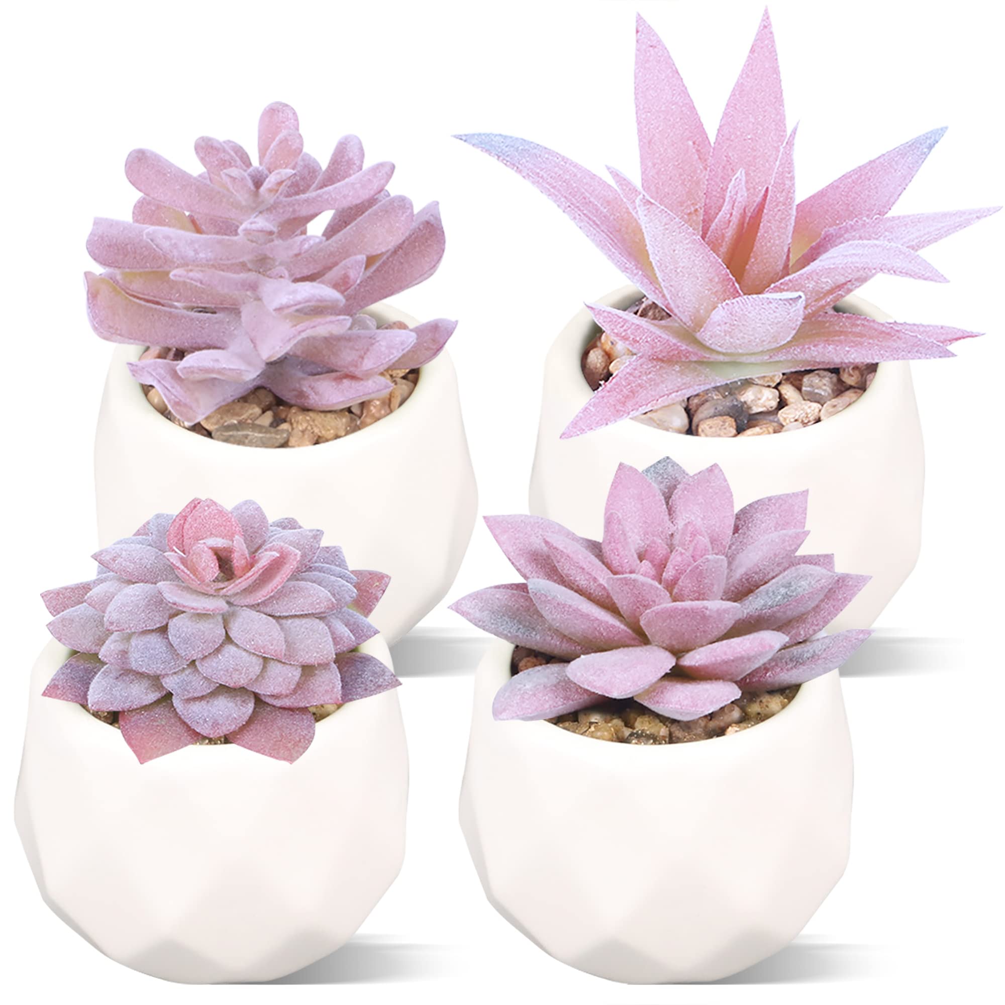 Duscdesp Set of 4 Mini Faux Succulents Plant with Pots,Small Succulent Fake Plants in Ceramic Pots, Artificial Plastic Plants Indoor for Office Kitchen Bedroom Bathroom Decoration (Pink) (EC-4875)