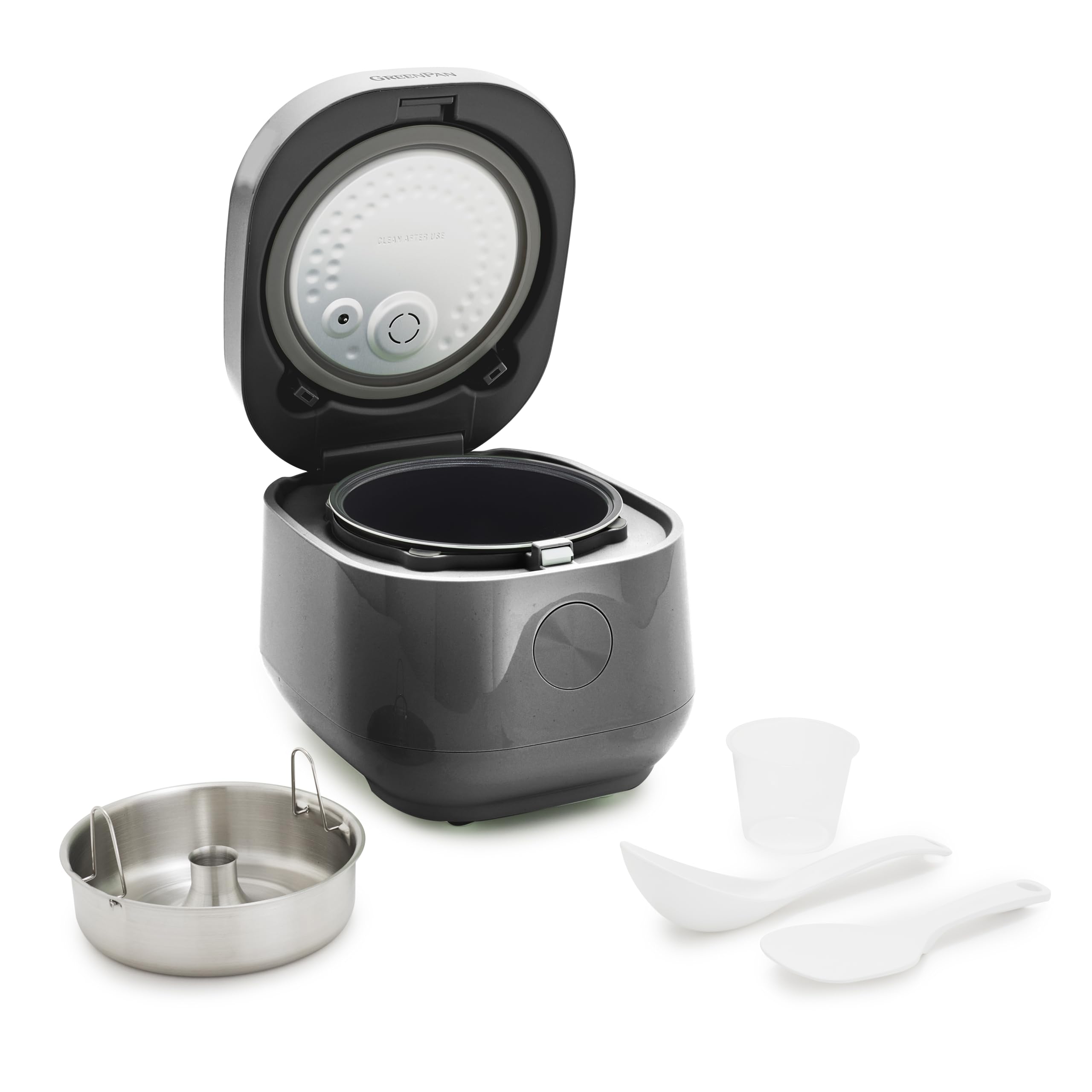 GreenPan Rice Cooker, 8 Cups Cooked (4 Uncooked), Low-Carb & Soup Mode,10 ONE-TOUCH Cooking Presets, PFAS-Free Ceramic Steamer Basket, Fuzzy Logic, Auto Keep Warm, Oats, 24HR Delay Timer, Graphite