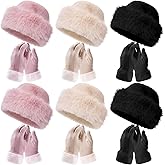 Cutecrop 12 Pcs Women Faux Fur Bucket Hat Gloves Winter Set Warm Faux Mink Plush Hat Winter Suede Gloves with Touchscreen Fleece Lined Windproof for Cold Weather