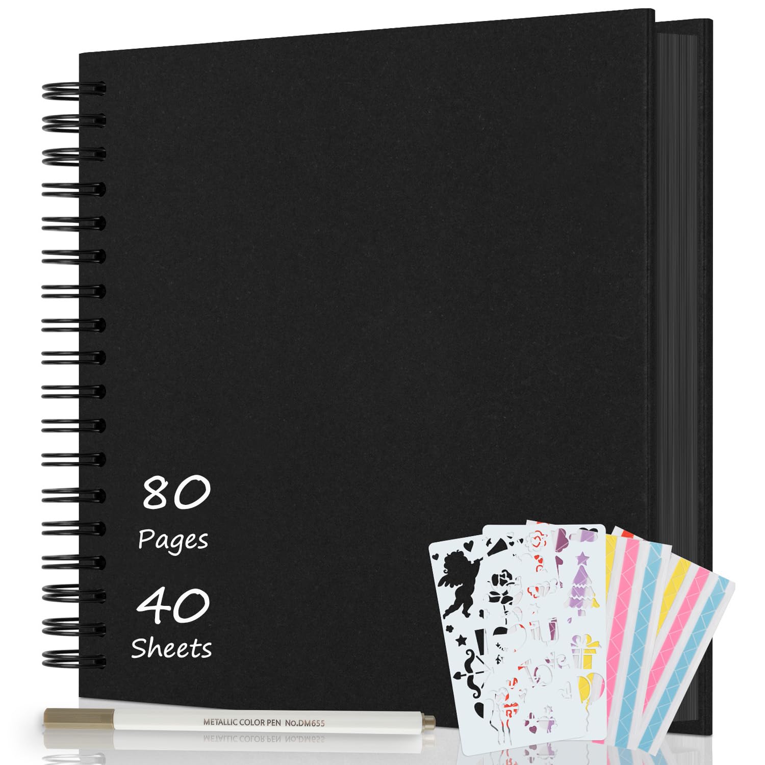 AIOR Scrapbook Album 80 Pages, DIY Photo Album Hardcover Kraft Paper Scrap Book Memory Book for Family, Guest Book for Wedding Anniversary Valentines Day (Black)