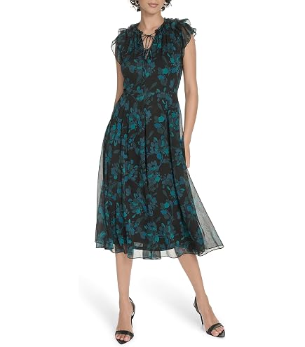Tommy Hilfiger Women's Flutter Sleeve V-Neck Ruffle Trim Chiffon Hi Lo Dress, Sky Captain Multi, 2 at Amazon Women's Clothing store