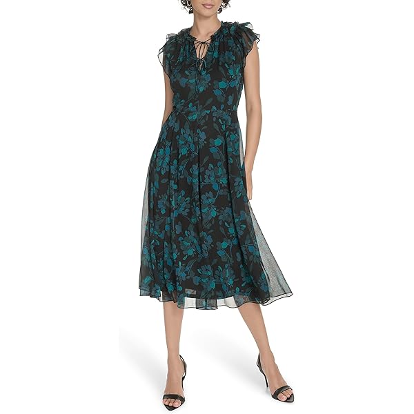 Calvin Klein Women's Flutter Sleeve Round Neck Chiffon A-line Midi Dress,  Blossom Multi, 2 at Amazon Women's Clothing store