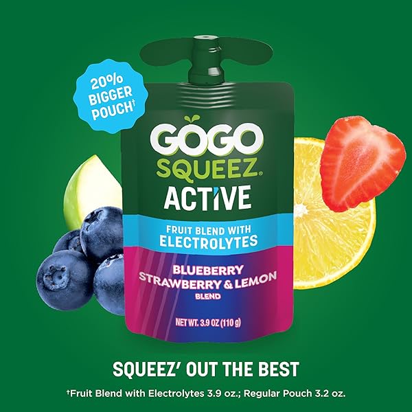GOGO SQUEEZ NO SUGAR ADDED ACTIVE FRUIT BLEND WITH ELECTROLYTES| 18-COUNT VARIETY PACK | BLUEBERRY STRAWBERRY LEMON & STRAWBERRY PINEAPPLE ORANGE | MADE WITH REAL FRUIT AND ANTIOXIDANTS VITAMIN A, E, & C