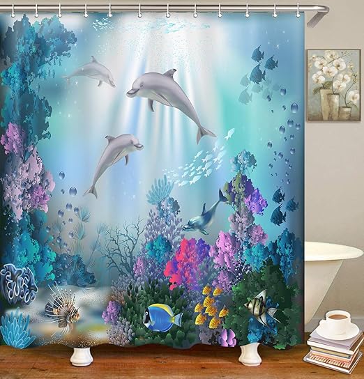 Amazon Com Britimes Shower Curtain Underwater World Dolphins Plants Fish Life Sea Ocean Waterproof Polyester Fabric Bathroom Decor Bath 72 X 72 Inches Set With Hooks Kitchen Dining