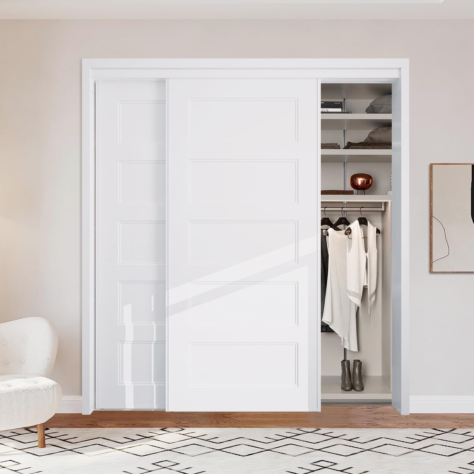 Photo 1 of ***PARTIAL SET - PRICE ADJUSTED***
BARNSMITH 72x80 in 5-Panel Bypass Sliding Closet Door, Steel Frame White Primed Bypass Door with Top & Bottom Track Hardware Kits, Paintable and Lightweight