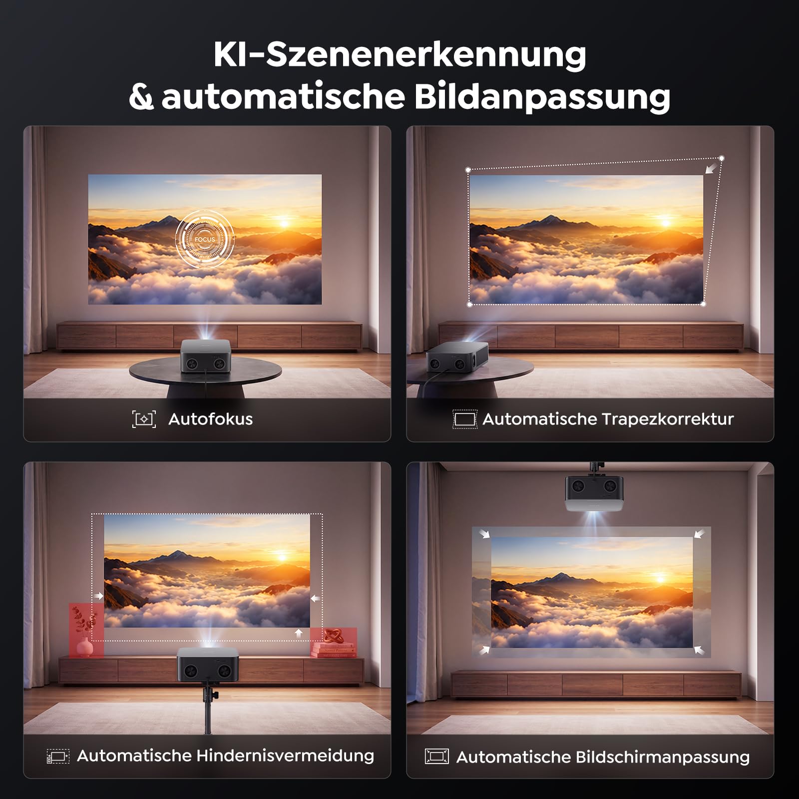 Beamer 4K [Schnellste VIDAA OS] Kompatibel mit Netflix, Dolby Audio & HDR10, 2000ANSI Smart Beamer Heimkino Autofokus Trapezkorrektur, Outdoor Projektor mit App Sprachsteuerung, WLAN/Bluetooth/Handy 5