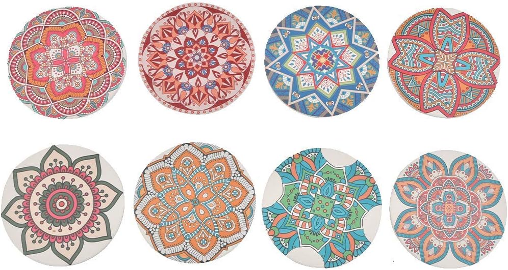 YOTINO 8er Pack Dekorative Glasuntersetzer für Glas Untersetzer Gläser Absorbierenden Keramik mit Halter, Untersetzer Saugfähige Keramik Untersetzer mit Korkrücken Mandala Stil