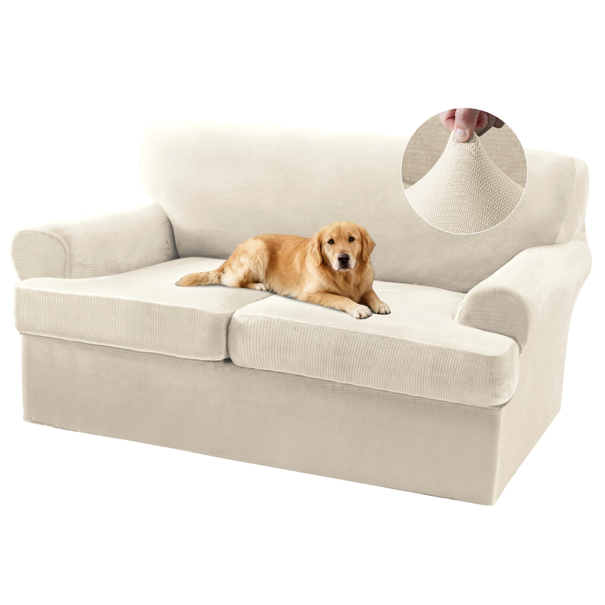 Photo 1 of Turquoize Sofa Cover 3 Piece T Cushion Loveseat Covers for 2 Cushion Couch Thick Velvet Couch Cover Stretch Furniture Covers with 2 Individual T Cushion Covers, Washable (2 Cushion Loveseat, Ivory)