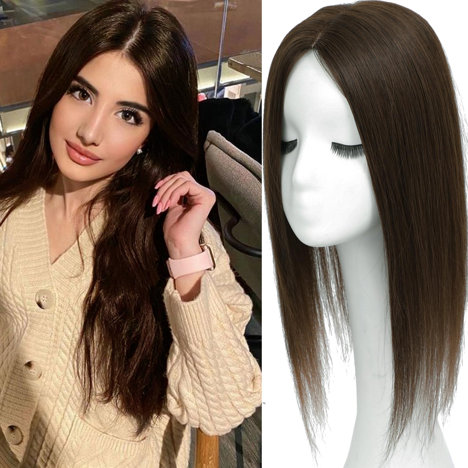 Photo 1 of RMYHIG Hair Toppers for Women Real Human Hair, 360° 3D Human Hair Toppers for Women with Thinning Hair Upgrade Middle Part Clip in Bangs (Mocha Brown NEW, 18 Inch-3D-Side)
