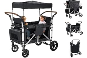 LINOR Stroller Wagon for 2 Kids, Cart Featuring 2 High Seat with 5-Point Harnesses and Adjustable Canopy, Foldable Double Push Bar for Garden