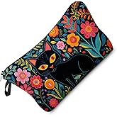 Livel lhood Black Cat Makeup Bag Mexican Folk Art Painting Small Organizer Zipper Pouch Floral Black Cat Kitten Print Cosmetic Bag Present for Women Friends