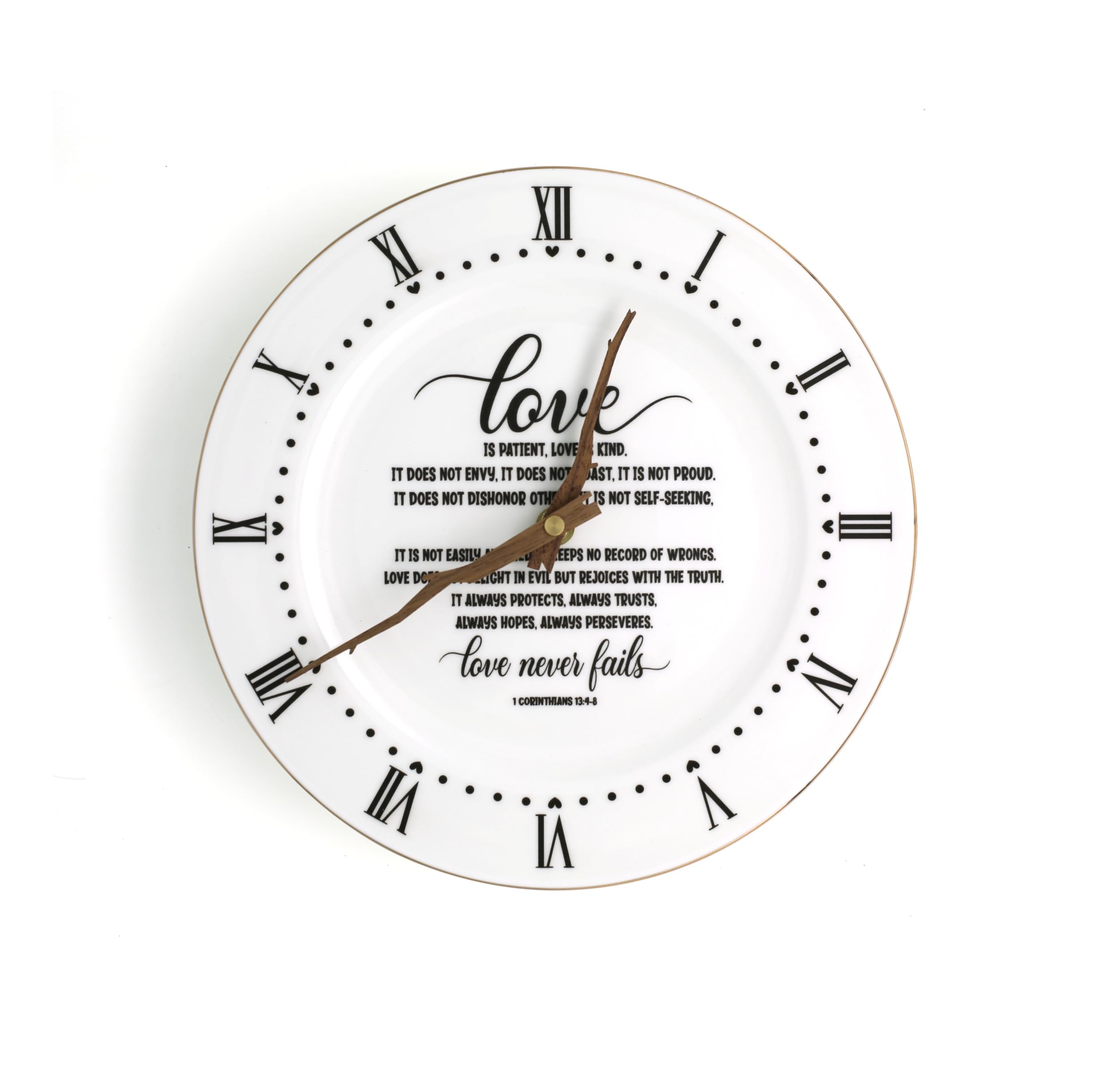 TOBOHU Love Never Fails Porcelain Clock with Gold Foil, Christian Gift Idea for Wedding Anniversary, Perfect for Decorating Home, Kitchen, Living Room, Farmhouse Wall Clock Decoration -10 inch