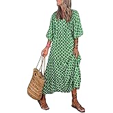 miduo Womens Loose Fit Casual Summer V Neck Half Sleeve Bohemian Geometric Pattern Maxi Long Dresses