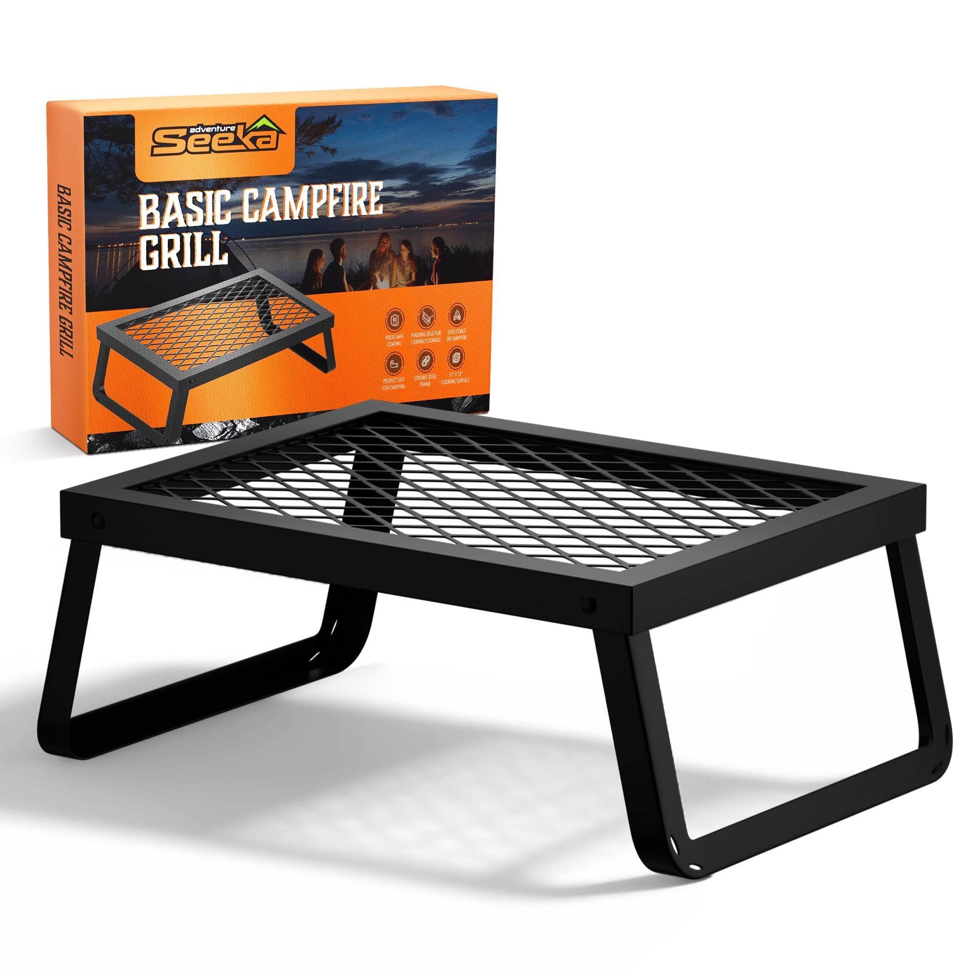 Photo 1 of Adventure Seeka Folding Campfire Grill – Portable Over-Fire Grill with Food-Safe Coating, Heavy Duty Steel, Compact with Folding Legs - Camping, RV, Overlanding, Fire Pits