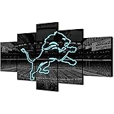 (60X100CM/5PCS) Frame Canvas Print Poster - American football Detroit Field Stadium with Neon Lions badge - Original Black and White Sports Wall Art for Home and Office Decor