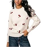 MakeMeChic Women's Cherry Embroidery Sweater Valentines Long Sleeve Knitted Winter Pullovers