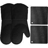 HOMWE Silicone Oven Mitts and Pot Holders, 4-Piece Set, Heavy Duty Cooking Gloves, Kitchen Counter Safe Trivet Mats, Advanced