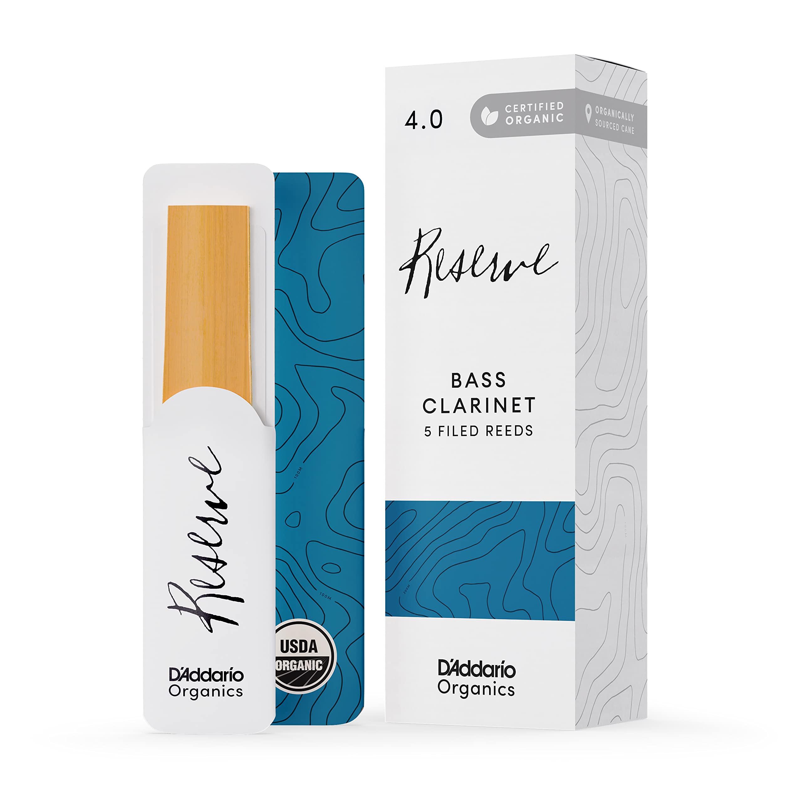 D'Addario Organic Reserve Bass Clarinet Reeds - Reeds for Clarinet - Individually Sealed - 4.0 Strength, 5 Pack