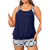 Plus Size Tankini Swimsuits Women - Blouson Two Piece Tummy Control Bathing Suit Criss Cross Tankini Top with Shorts