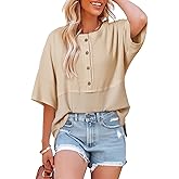 Dokotoo Womens Waffle Knit Tops 2026 Fashion 3/4 Sleeve Casual Button Down Shirts Crew Neck Oversized Patchwork Blouses