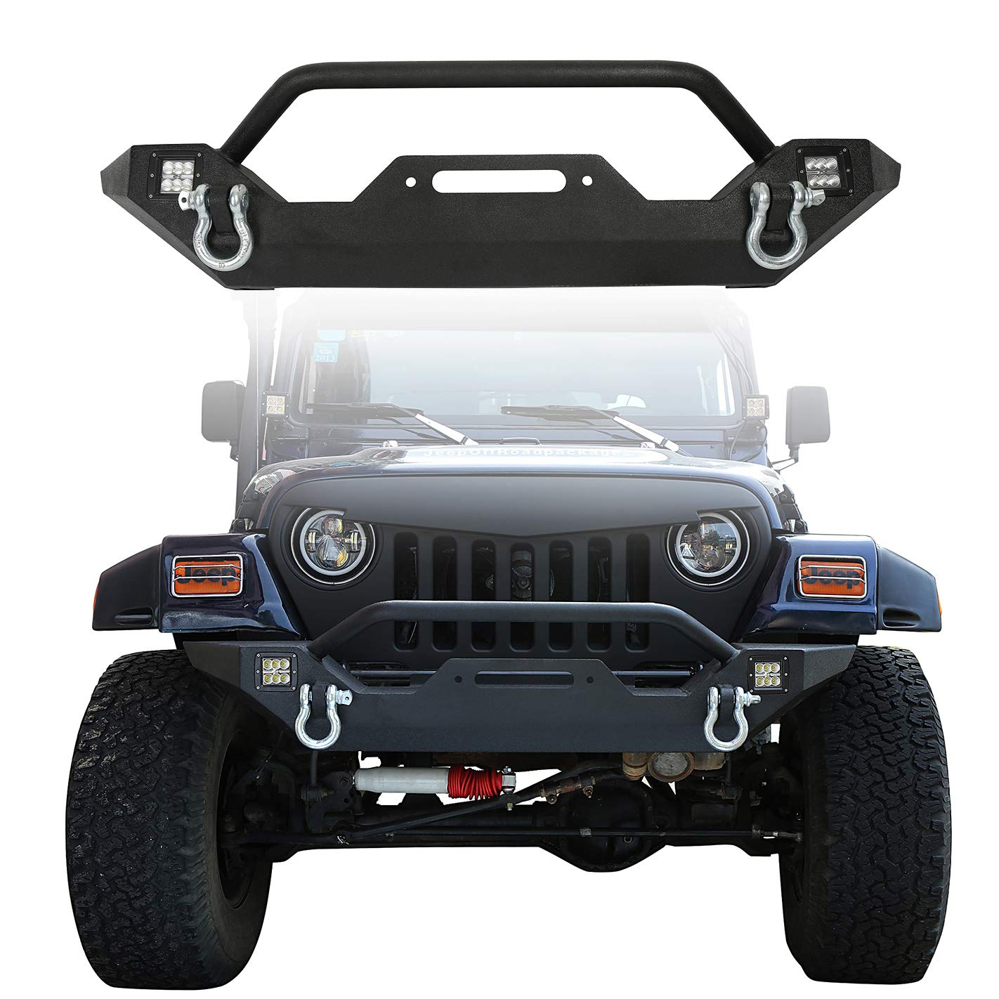 Amazon.com: Hooke Road Jeep Wrangler TJ Rock Crawler Mid Front Bumper  w/Winch Plate & 2 x 18W LED Lights for 1997-2006 Jeep TJ: Automotive