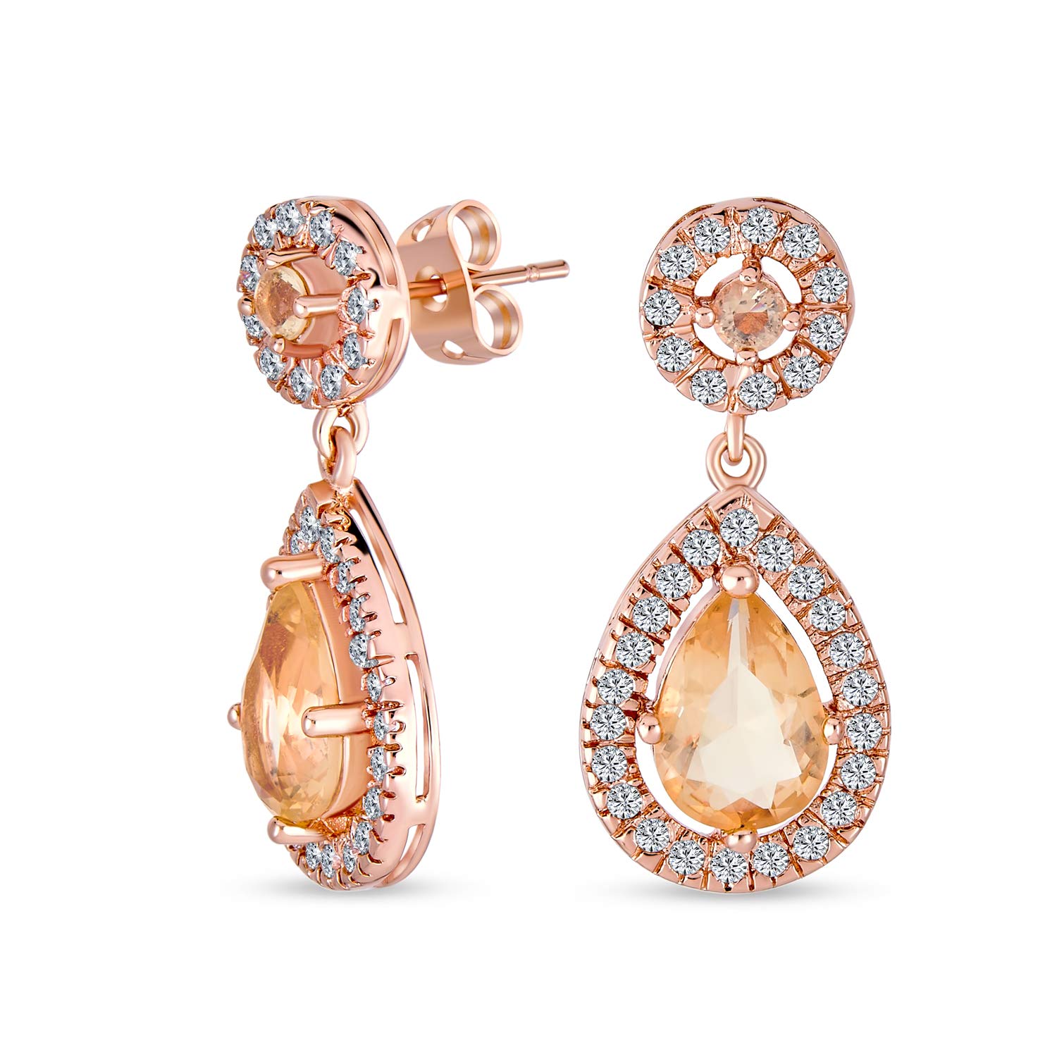 Fashion Pink Simulated Morganite AAA CZ Halo Pear Shaped Teardrop Dangle Earrings For Women Prom Rose Gold Plated Brass — image 1