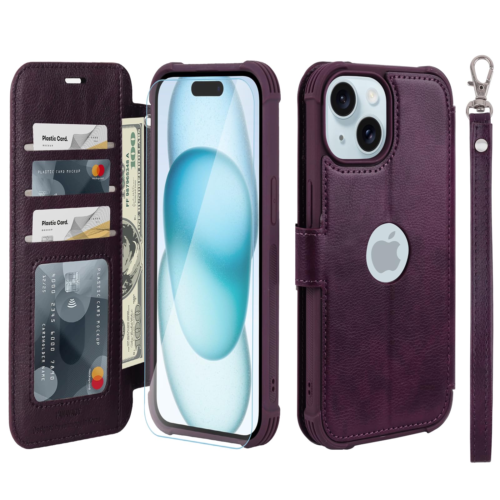 VANAVAGY Compatible for iPhone 15 Plus/14 Plus Wallet Case, 12ft Drop Protection, RFID Blocking PU Leather Flip Cover, Card Holder & Kickstand, Shockproof Phone Case,Purple