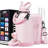 Half Gallon Water-Bottle with Straw - Pop-up Chug Lid (Cold 48H & Hot 24H) 64oz Insulated Water Bottle Flask with Sleeve Strap, Paracord Handle, Bottle Boot, Pink Stainless Steel Metal Water Jug