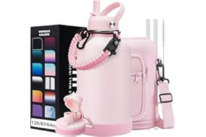 DIGJUPER Half Gallon Water-Bottle with Straw - Pop-up Chug Lid (Cold 48H & Hot 24H) 64oz Insulated Water Bottle Flask with Sleeve Strap, Paracord Handle, Bottle Boot, Pink Stainless Steel Metal Water Jug