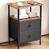 Smoproper Nightstand with Charging Station, Bedside End Table with 2 Fabric Drawers for Bedroom, Side Table with USB Ports and Outlets (Brown Black)