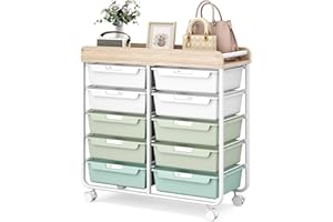APEXCHASER 10 Drawers Rolling Cart with Wooden Tabletop, Utility Storage Cart with Wheels, Art Supply Craft Organizer on Wheel with Metal Frame & Handles for Home Office School,Green