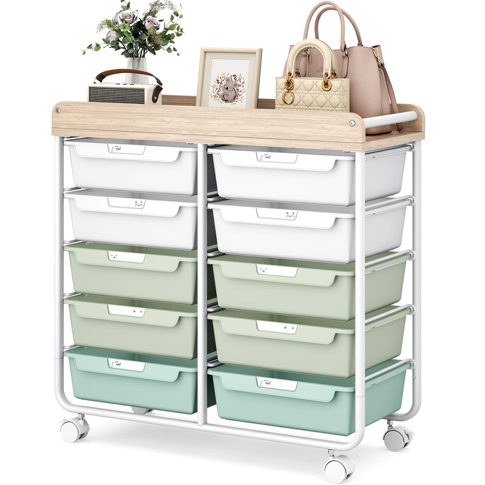 Photo 1 of 10 Drawers Rolling Cart with Wooden Tabletop, Utility Storage Cart with Wheels, Art Supply Craft Organizer on Wheel with Metal Frame & Handles for Home Office School,Green