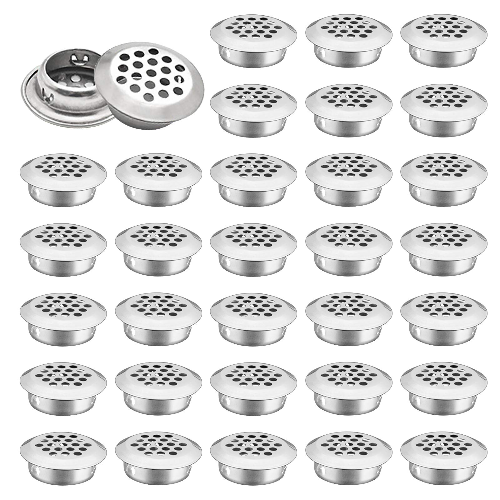 INCREWAY Air Vent Louver, 50pcs 25mm Stainless Steel Round Mesh Hole Circular Soffit Vent for Wardrobe Drawer Bookcase Kitchen (Silver)