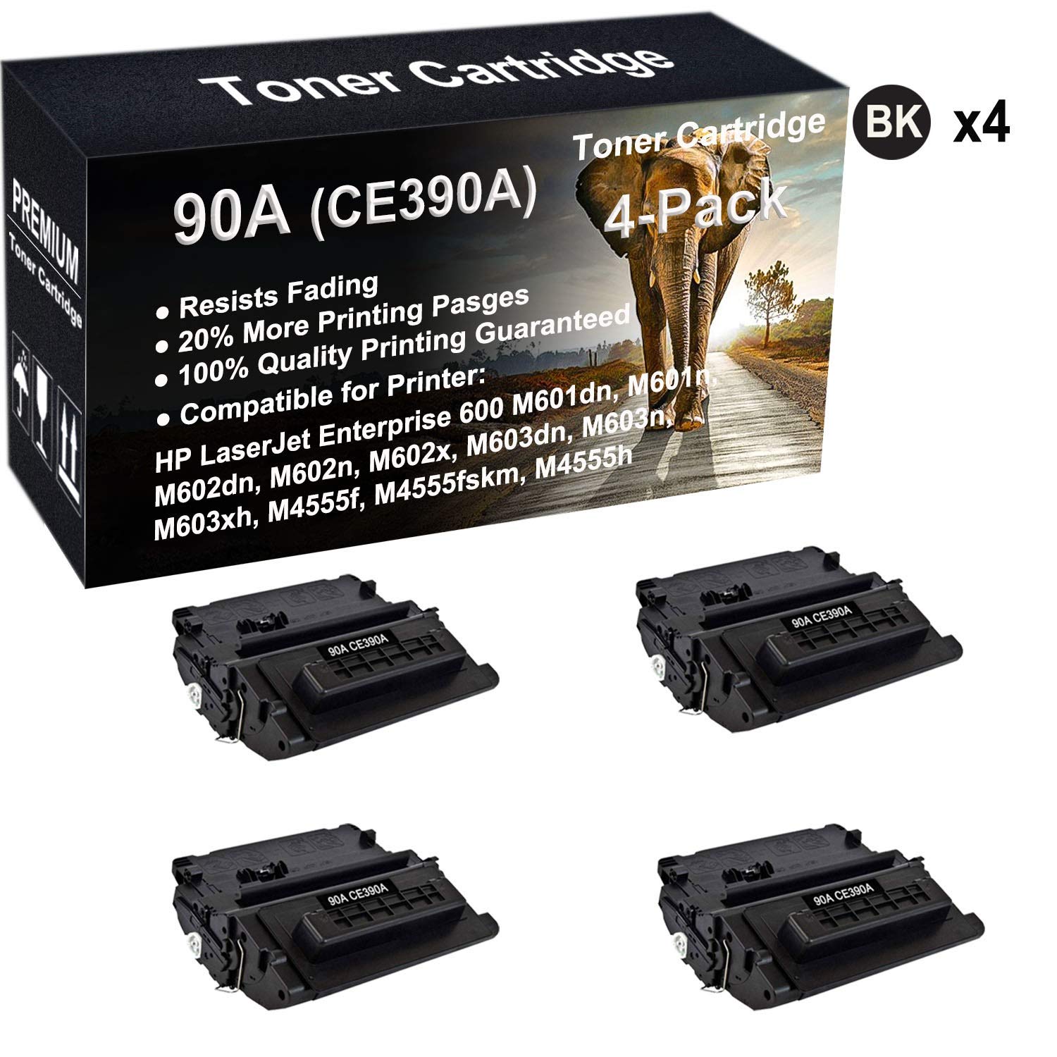 4-Pack (Black) Compatible Toner Cartridge Replacement for HP 90A 丨 CE390A Printer Toner Fit for HP L