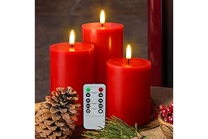 Eywamage Red Flameless Pillar Candles with Remote, Flickering Battery Operated LED Wax Candles Set of 3