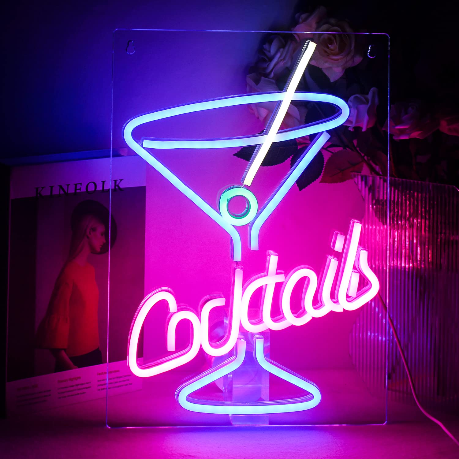 Cocktail Bar Neon Sign Blue Goblet Neon Light Sign Pink LED Signs for Wall Martini Glass LED Lights for Bar Light Up Signs Acrylic Neon Wall Light for Pub Tavern Restaurant Wedding Party Decor