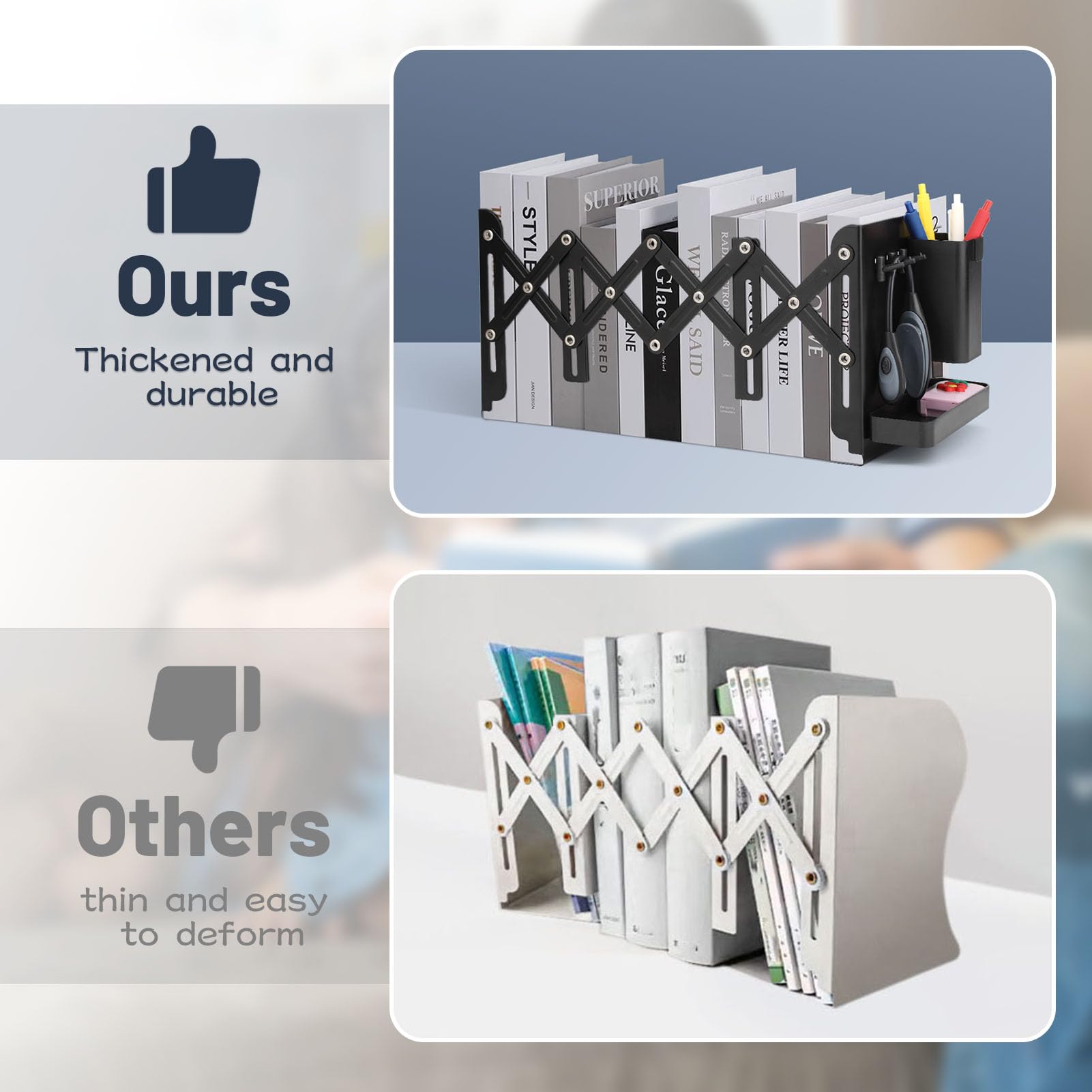 Metal Bookends with Adjustable Length 4 to 19-Inch, Upgraded Book Ends with Detachable Pen Holder, Tray and Hooks, 3-Section Bookrest Organizer Rack for Classroom, Office, School, Home (Black)