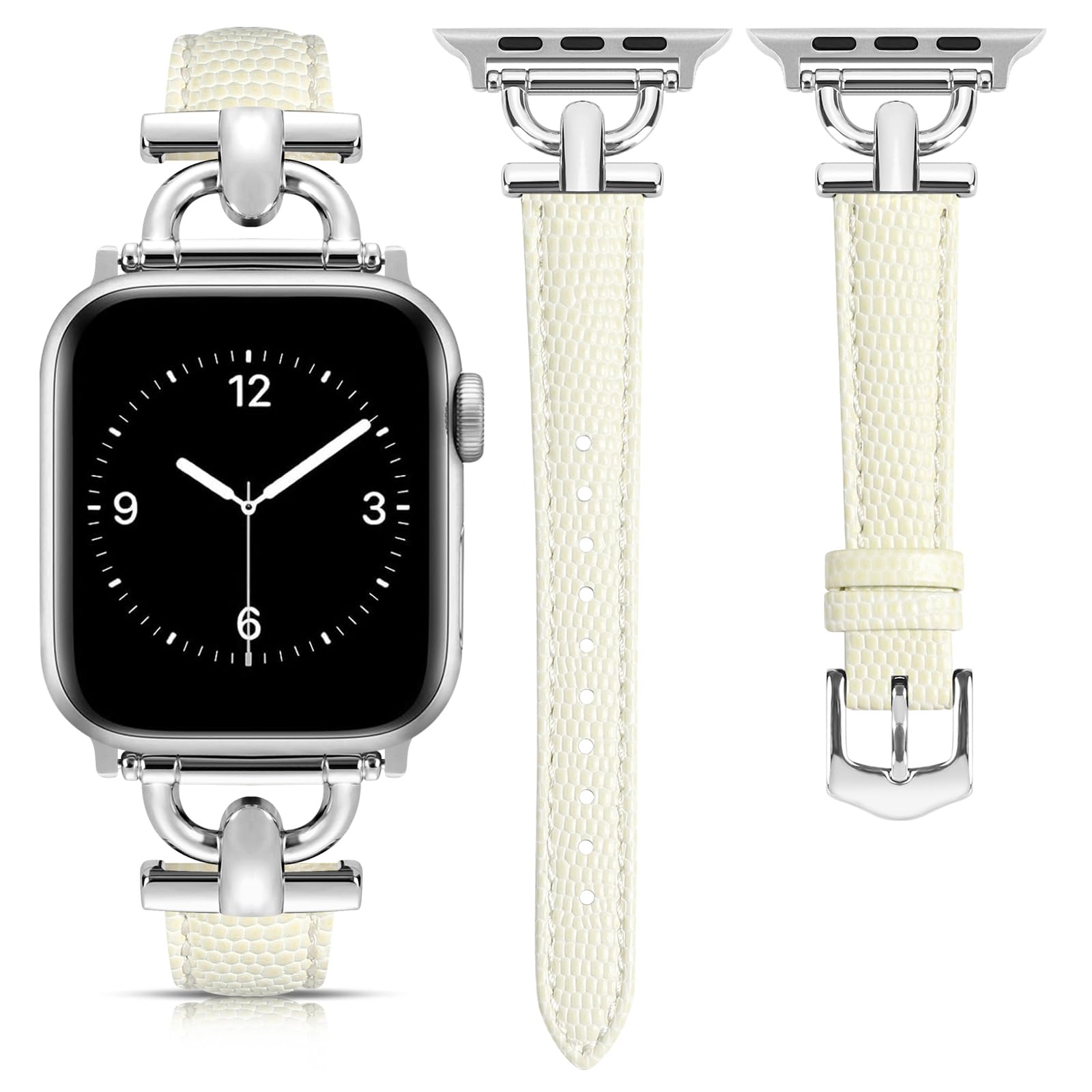 mxiixnai Leather Strap Compatible with Apple Watch Straps 41mm 40mm 42mm 38mm Women, Slim Thin Leather Replacement Strap for iWatch Bands Series 10 9 8 7 6 5 4 3 2 1 SE,Milky White/Silver — image 1